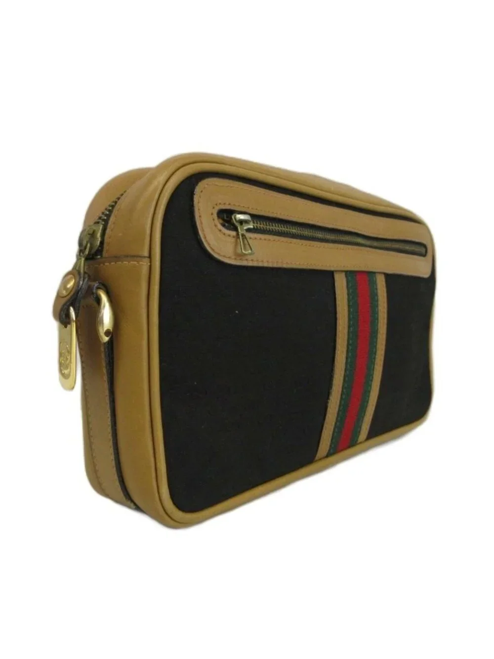 Gucci Vintage Clutch Canvas Leather GG Pattern Sherry Line Black Beige
